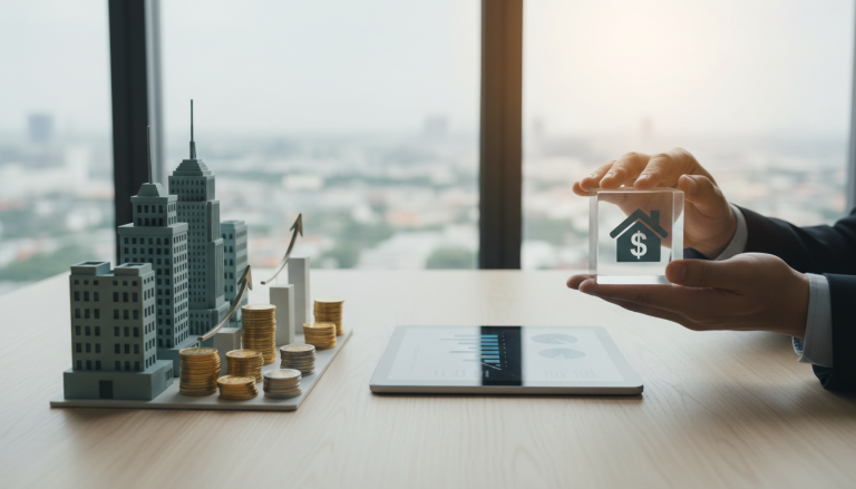 Inwestor analizujący wykresy rentowności nieruchomości i planujący bezpieczną strategię finansową z uwzględnieniem zarządzania kapitałem.